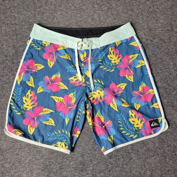 Quiksilver Blue Yellow & Fuchsia, Hibiscus Print Mens 36 Trunks Swim Board Short - Picture 1 of 9